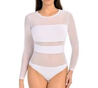 Teyli Bodysuit Women Damen Body Elegant - Mesh Top Body Langarm Damen - Body Damen Langarm Bodysuit Women Langarm aus Viskose und Mesh Weiß S
