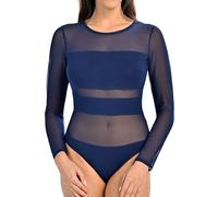 Teyli Langarm Bodys women aus hochwertigem Material - Langarm Body Damen taillierter Figurmodellierender - Bodysuit damen mit Netz und Viskose - Damenbody für Stil und Komfort für Frauen Blau XS