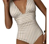 TFAOYS Einteiliger gestreifter Damen-Bikinis, Bauchkontrolle, Bademode, kleine Brust, hoher V-Ausschnitt, Badeanzug, einteilig, Push-Up, Damen-Bademode, gestreift, Bauchkontrolle