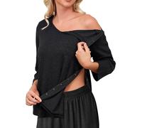 Tfovorlein Damen-Hemden, nach Schultern, Operationen, zum Abreißen, 3/4-Ärmel, durchgehende offene Seite, Druckknopf, Dialyse, Chemo-Kleidung, Schwarz, Klein