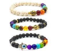 Thajaling 3 Stück 8mm Lava Rock Stein Armband Buddha Schädel Hamsa Hand 7 Chakra Bead Herren Damen Armband