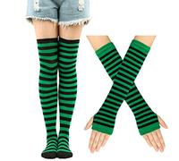 Thajaling Damen gestreifte kniestrümpfe, overknee strümpfe，Damen Thigh highs Fingerlose Handschuhe Kniehohe Socken Set, Gestreifte Lange Socken Hole Fäustlinge