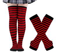 Thajaling Damen Socken,Gestreifte Warme Fingerlose Handschuhe Kniehohe Socken Set, Cosplay Gestreifte Lange Socken Hole Fäustlinge Handschuhe für Halloween (Schwarz/Rot)