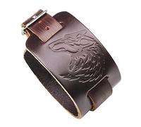 Thajaling Khaki Leder Armband Wolf Kopf Armband Punk Stil Breite Armreif Manschette Armband Armband für Damen und Herren