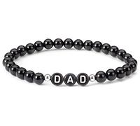 Thajaling Natürlicher schwarzer Onyx-Edelstein-Armband-Ausdehnungs-Seil-Korn-Alphabet-Armband-Buchstabe-Vati-Weihnachtsgeburtstagsgeschenk für Vater