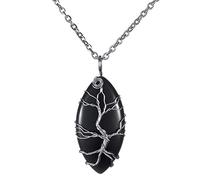 Thajaling Schwarzer Obsidian Anhänger Vintage Reiki Heilkristall Anhänger Halskette Silber Baum des Lebens Draht umwickelt Edelstein Chakra Halskette