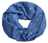 thb Richter Damen Loopschal Schlauchschal mit Sternchen Sterne Muster Stars Metallic-Silber-Aufdruck glänzend Schal Rundschal Leicht Weich Soft Sommer Star (Jeansblau)