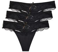 thb Richter Damen Unterhosen String Slips mit Lace Spitzen Stretch Elastisch Spurlos Höschen Tanga Thong Niedrige Bundhöhe Einfarbig Frauen Mädchen (3er-Set (Schwarz), m)