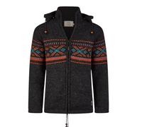 THC Natural Line Schafwollstrickjacke Schwarz Bunt 819 - Norwegerjacke mit Fleece-Futter & Abnehmbarer Kapuze - Warme Strickjacke Outdoor - Norwegermuster, Gr. L