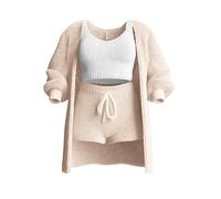 The Cozy Knit Set, 3 Piece Set-Cozy Knit Sets Crop Top, Shorts & Long Coat (Aprikose, M)