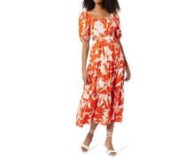 The Drop Damen Anaya Gestuftes Maxikleid mit eckigem Ausschnitt und Cut-Out-Detail, Tomatenroter Laubaufdruck, Größe S