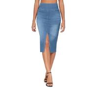 THE GYM PEOPLE Damen Jeansrock mit hoher Taille, dehnbar, Schlitz vorne, Midi-Jeansrock mit Taschen