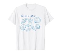 The Sea Is Calling Shell Seestern Ocean Beach Graphic Tee T-Shirt