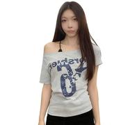 The Shoulder Top Bedruckte T Shirts Kurzarm Basic Tees 2026 Lässige Modekleidung Schulterfreie Blusen für Frauen Kurzarm Tuniken mit Buchstabendruck Ausgehen Trendy