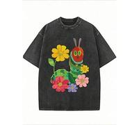 The Very Hungry Caterpillar Blumen-Grafik Gewaschenes T-Shirt mit Rundhalsausschnitt und kurzen Ärmeln, Sommer-Grafik-T-Shirts, 230 Gramm schweres Cas