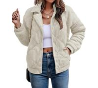 Theenkoln Übergangsjacke Damen Herbst Fleecejacke Winterjacke Plüschjacke Herbstjacke Cordjacke Teddyfleece Kuschelige Sherpa Jacke Outdoorjacke Beige XL