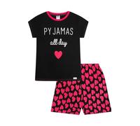 ThePyjamaFactory Mädchen Pyjamas All Day Herz Schwarz Rosa Kurzer Baumwolle Schlafanzug PJ's für Kinder (12-13 Jahre)
