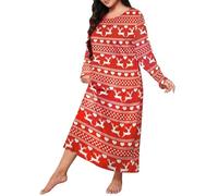 Thermo Nachthemd Damen Women Plus Size Sleepwear Round Neck Long Sleeve Printed Nightdress Pajamas Kleid Mit Spitze Nachthemd Damen angarm Baumwolle Nachthemd Weiss Damen (Red, XXXXL)