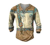 Thermounterwäsche Herren Herren Pullover men's activewear 3D Druck Henley Shirt Freizeit Distressed Henley Hemd Indian Tribal Langarmshirt mit Tasten Sportshirt Outdoor Tactical Tshirts Khaki M
