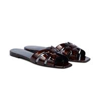 THESHY Flache Damen-Sandalen, quadratischer Zehenbereich, Lackleder, bequeme Slipper, lässig, Sommer, elegant, Strand, Slide-Sandalen für Damen, Leopardenleder, 40 EU