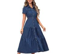 TheyLook Damen Maxi-Jeanskleid, Button-Down, fließende Jeanskleider 2025, Sommer, lässig, A-Linie, kurzärmeliges Kleid, Blau, Klein