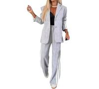 ThiCc 2-teiliges Blazer-Outfit für Damen, langärmelig, bequem, übergroße Jacke mit Revers-Taschen, weitem Bein, Hosenanzug, Seitenstreifen, Sportdetails, Business, Freizeit, elegante Arbeitskleidung,