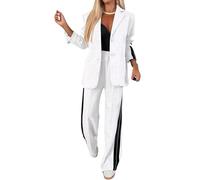 ThiCc 2-teiliges Blazer-Outfit für Damen, langärmelig, bequem, übergroße Jacke mit Revers-Taschen, weitem Bein, Hosenanzug, Seitenstreifen, Sportdetails, Business, Freizeit, elegante Arbeitskleidung,