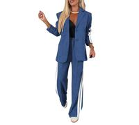 ThiCc 2-teiliges Blazer-Outfit für Damen, langärmelig, bequem, übergroße Jacke mit Revers-Taschen, weitem Bein, Hosenanzug, Seitenstreifen, Sportdetails, Business, Freizeit, elegante Arbeitskleidung,