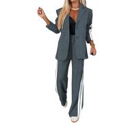 ThiCc 2-teiliges Damen-Blazer-Outfit - langärmelige, bequeme Oversize-Jacke mit Reverstaschen, weitem Bein, Hose, Anzug, Seitenstreifen, Sportdetails, Business, Freizeit, elegante Arbeitskleidung,