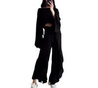 ThiCc 2-teiliges Damen-Outfit aus Leinen - lässige Lounge, passende Sets mit lockerem Langarm-Crop-Top, Bluse und hoher Taille, weites Bein, Rüschenhose, hoher geteilter Overlay, lange Caprihose mit