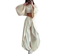 ThiCc 2-teiliges Damen-Outfit aus Leinen - lässige Lounge, passende Sets mit lockerem Langarm-Crop-Top, Bluse und hoher Taille, weites Bein, Rüschenhose, hoher geteilter Overlay, lange Caprihose mit