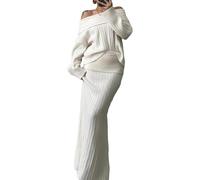 ThiCc 2-teiliges Damenrock-Set - schulterfrei, langärmelig, Strickpullover und passender Maxirock, einfarbig, schlankmachend, lockere Passform, Winter, Herbst, Outfit, lässig, elegant, passendes Set,