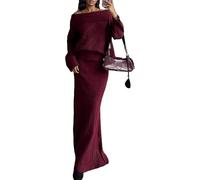 ThiCc 2-teiliges Damenrock-Set - schulterfrei, langärmelig, Strickpullover und passender Maxirock, einfarbig, schlankmachend, lockere Passform, Winter, Herbst, Outfit, lässig, elegant, passendes Set,
