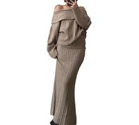 ThiCc 2-teiliges Damenrock-Set - schulterfrei, langärmelig, Strickpullover und passender Maxirock, einfarbig, schlankmachend, lockere Passform, Winter, Herbst, Outfit, lässig, elegant, passendes Set,