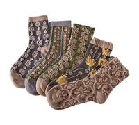 ThiCc 5 Paar Damen-Socken mit Vintage-Blumenmuster, weiche 3D-geprägte Wadensocken, niedliche Lolita-Jacquard-Rüschen-Knöchelsocken, gemütlich, Cottagecore-Accessoires, lässiger Alltagsstil, braun,