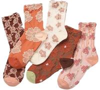 ThiCc 5 Paar Damen-Socken mit Vintage-Blumenmuster, weiche 3D-geprägte Wadensocken, niedliche Lolita-Jacquard-Rüschen-Knöchelsocken, gemütlich, Cottagecore-Accessoires, lässiger Alltagsstil, Orange,