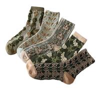 ThiCc 5 Paar Damen-Socken mit Vintage-Blumenmuster, weiche 3D-geprägte Wadensocken, niedliche Lolita-Jacquard-Rüschen-Knöchelsocken, gemütlich, Cottagecore-Accessoires, lässiger Alltagsstil, grün, One