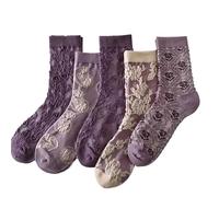ThiCc 5 Paar Damen-Socken mit Vintage-Blumenmuster, weiche 3D-geprägte Wadensocken, niedliche Lolita-Jacquard-Rüschen-Knöchelsocken, gemütlich, Cottagecore-Accessoires, lässiger Alltagsstil, violett,