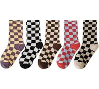 ThiCc 5 Paar karierte Damen-Socken - Kawaii-Baumwoll-Karo, Knöchelsocken, lässiger Colorblock, japanische Harajuku-Sportsocken, Retro-Socken, multi, Einheitsgröße
