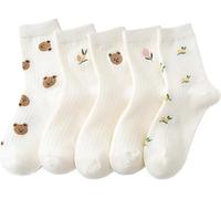 ThiCc 5 Paar süße Baumwollsocken - japanische süße Sportsocken in der Mitte der Wade, bezauberndes Bär-Blumendesign, Y2K Coquette Lolita Crew-Socken für den täglichen Gebrauch, sportliche Aktivitäten,