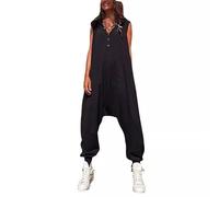 ThiCc Ärmelloser Jumpsuit mit Kapuze für Damen, tiefer Schritt, Knopfleiste, konisches Bein, solider Kapuzenpullover, Overall, Sommer, lässig, lang, Haremshose, lockere Jogginghose, Strampler mit
