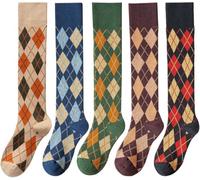 ThiCc Damen Argyle-Kniestrümpfe - Vintage Rautenmuster, lange Schlauchsocken, japanischer Harajuku-Stil, gemütlich, Baumwolle, Herbst, Winter, Gittermuster, Sportsocken, Geschenk, Lolita-Strümpfe,