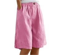 ThiCc Damen Baumwolle Leinen Shorts - Sommer Casual Bermuda Shorts Elastische Taille Knielang Stright Capri Loose Lounge Wear Dressy Short mit Taschen, rose, 46