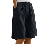 ThiCc Damen Baumwolle Leinen Shorts - Sommer Casual Bermuda Shorts Elastische Taille Knielang Stright Capri Loose Lounge Wear Dressy Short mit Taschen, Schwarz , 46