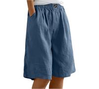 ThiCc Damen Baumwolle Leinen Shorts - Sommer Casual Bermuda Shorts Elastische Taille Knielang Stright Capri Loose Lounge Wear Dressy Short mit Taschen, blau, 38