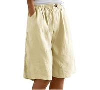 ThiCc Damen Baumwolle Leinen Shorts - Sommer Casual Bermuda Shorts Elastische Taille Knielang Stright Capri Loose Lounge Wear Dressy Short mit Taschen, beige, 38