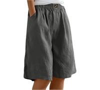 ThiCc Damen Baumwolle Leinen Shorts - Sommer Casual Bermuda Shorts Elastische Taille Knielang Stright Capri Loose Lounge Wear Dressy Short mit Taschen, grau, 46