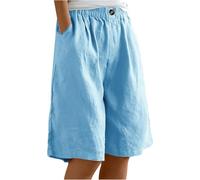 ThiCc Damen Baumwolle Leinen Shorts - Sommer Casual Bermuda Shorts Elastische Taille Knielang Stright Capri Loose Lounge Wear Dressy Short mit Taschen, himmelblau, 38