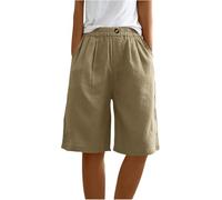 ThiCc Damen Baumwolle Leinen Shorts - Sommer Casual Bermuda Shorts Elastische Taille Knielang Stright Capri Loose Lounge Wear Dressy Short mit Taschen, khaki, 48
