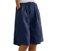 ThiCc Damen Baumwolle Leinen Shorts - Sommer Casual Bermuda Shorts Elastische Taille Knielang Stright Capri Loose Lounge Wear Dressy Short mit Taschen, navy, 48